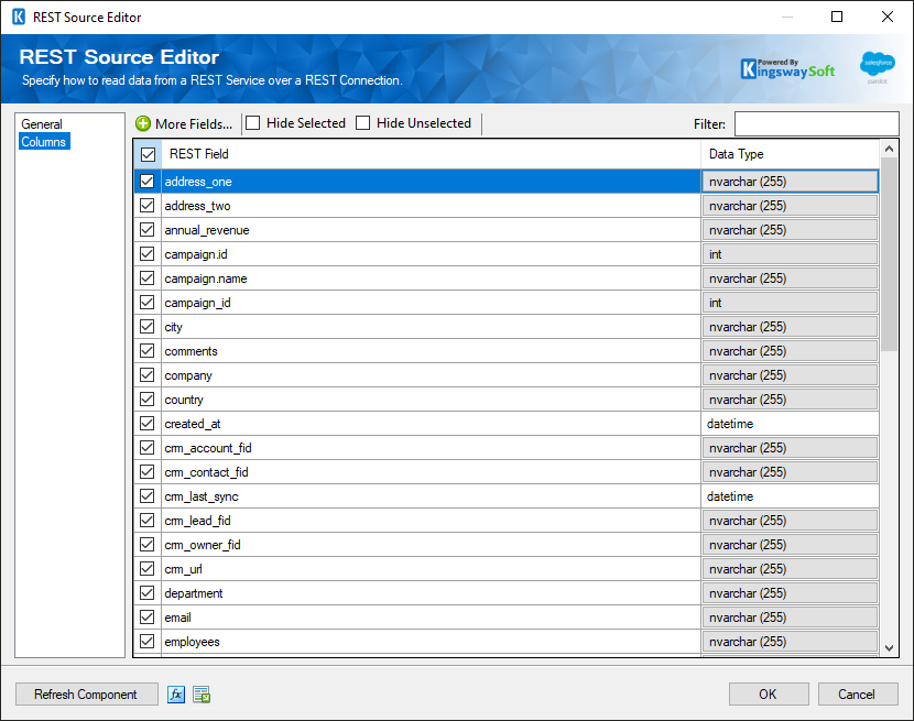 SSIS Salesforce Pardot REST Source - Columns